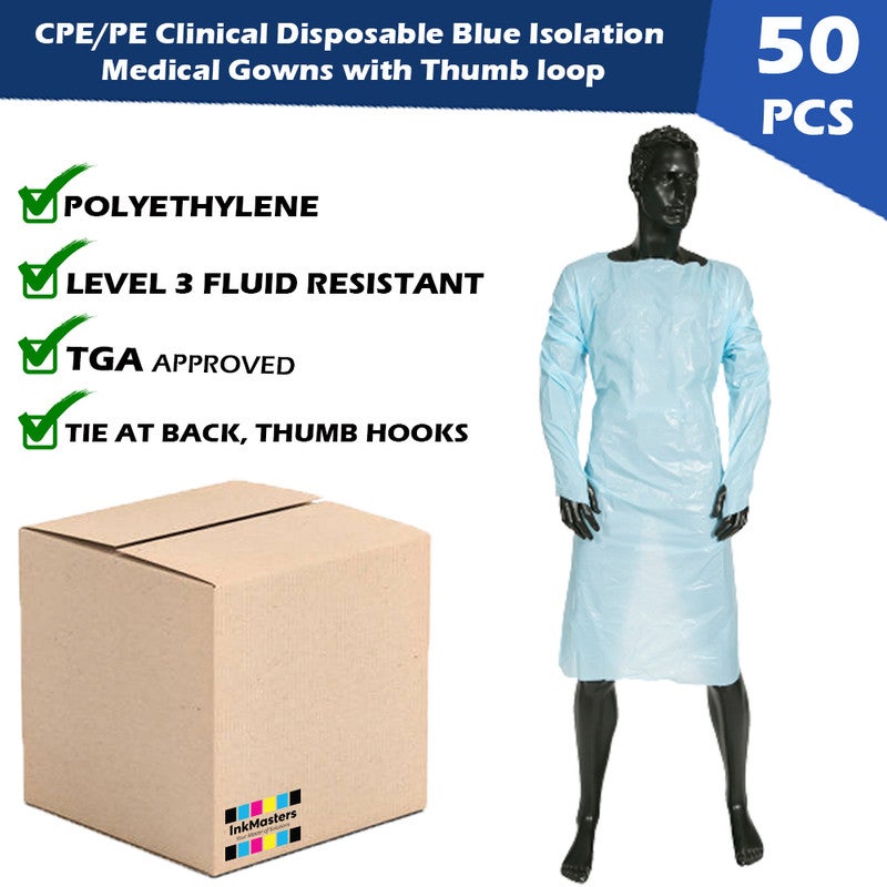 InkMasters CPE/PE Clinical Disposable Blue Isolation Medical Gowns with Thumb loop Fluid Resistant Level 3 Non Sterile
