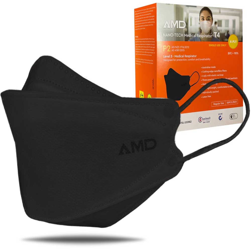 AMD Black Face Mask P2/T4 Earloop Certified Medical Respirator 50/Pack Australia