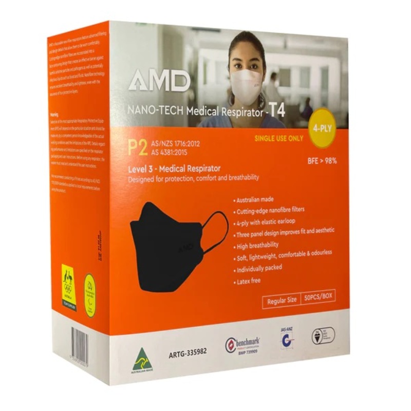 Buy AMD Black Face Mask P2/T4 Earloop Certified Medical Respirator (50