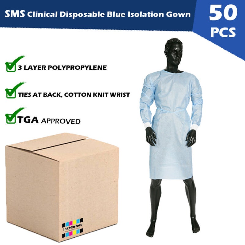 Inkmasters SMS Clinical Disposable Blue Isolation Gown Knit Wrist Level 2 Non Sterile With Ties