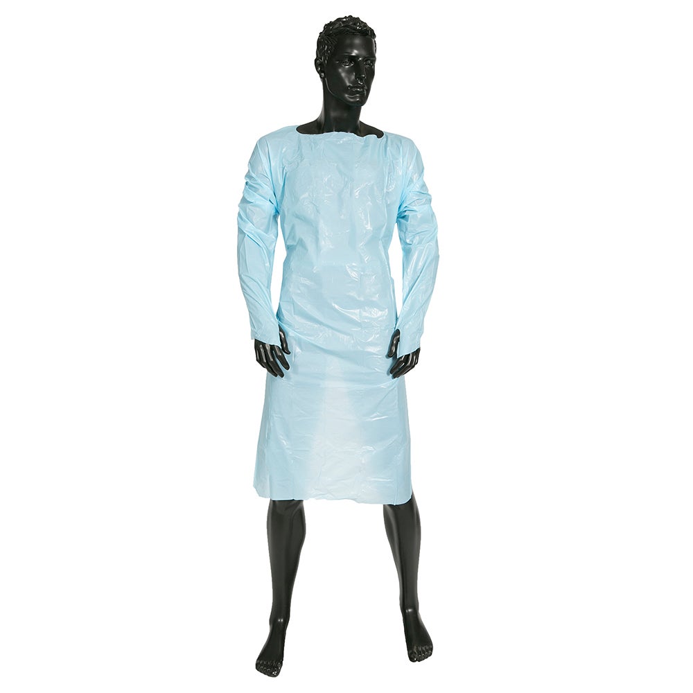 CPE/PE Clinical Disposable Blue Isolation Medical Gowns with Thumb loop Fluid Resistant Level 3 Non Sterile