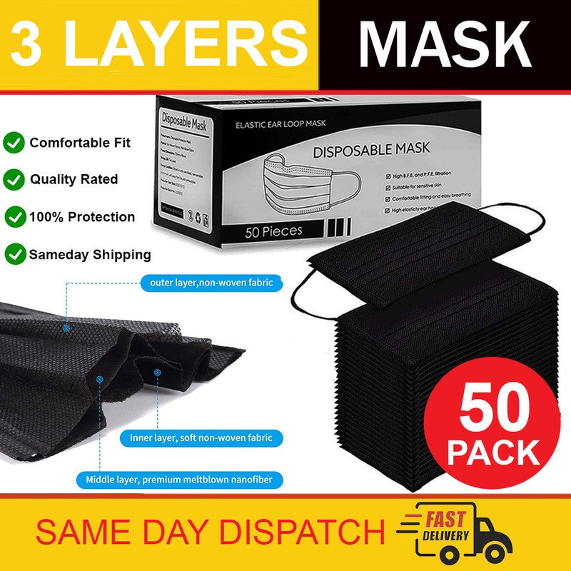 InkMasters Premium Quality 3PLY Black Disposable Face Masks Comfortable Ear Loops Box of 50