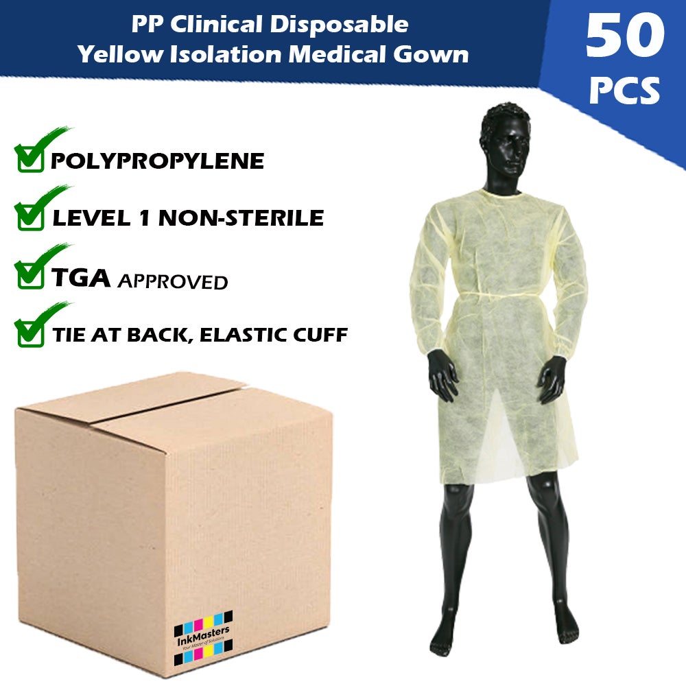 InkMasters PP Clinical Disposable Yellow Isolation Medical Gown Level 1 Elastic Cuff Non Sterile