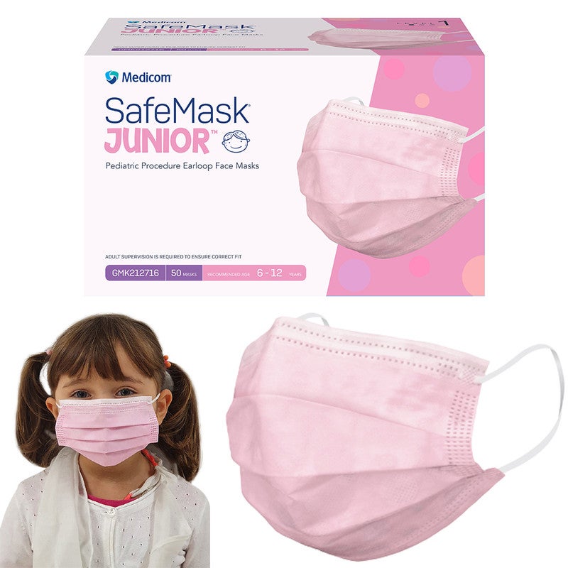 Medicom SafeMask Pink Junior Child Face Masks with Ear Loops Box of 50