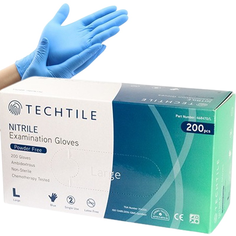 Techtile Blue Nitrile Powder Free Gloves TGA approved 3.5g Box of 200 