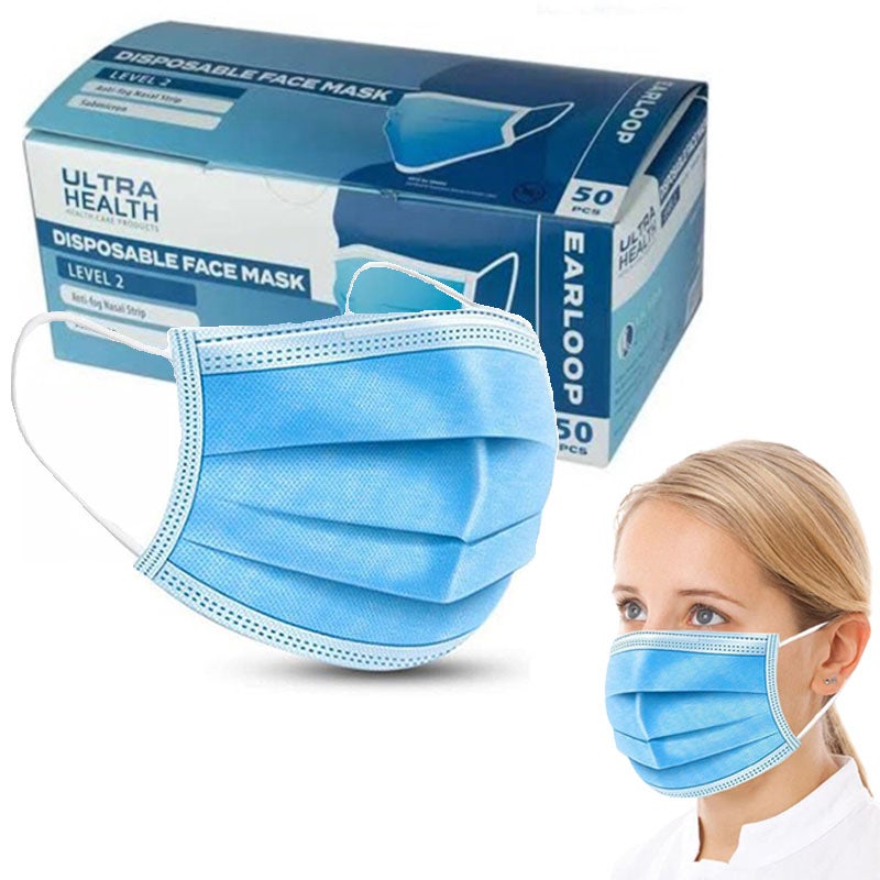 Ultra Health Level 2 Comfortable Fit Anti Fog 3PLY Face Masks with Ear Loops Box of 50