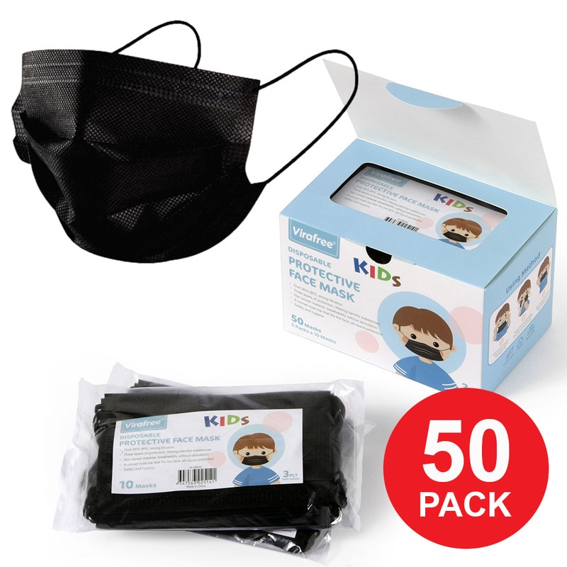 Buy Virafree 3Ply Disposable Protective Kids Face Mask TGA Approved 50 Pack Black MyDeal