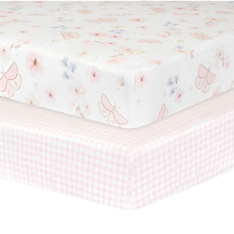 Buy Living Textiles 2pk Cot Fitted Sheets Butterfly/Blush Gingham