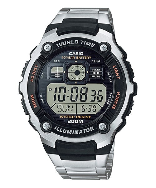 Casio Watch 200 Metres Water Resistant AE-2000WD-1 AE2000 AE2000WD World Time,Stop Watch,5 Alarms, Light,Timer