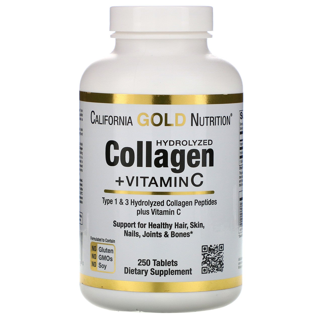 CALIFORNIA GOLD NUTRITION Hydrolyzed Collagen Type 1 and 3 Peptides + Vitamin C, 250 Tablets