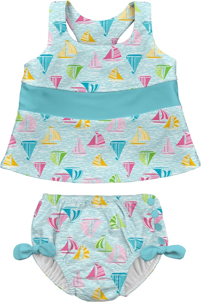 i.Play - Bow Tankini Swimsuit Set with Snap Reusable Absorbent Swim Diaper - Light Aqua Sailboat Sea