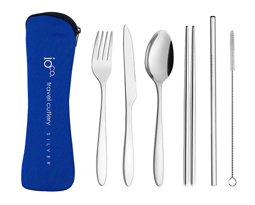 IOco re-use Stainless Steel Travel Cutlery Set of 6 - Silver Cutlery - Navy Case 