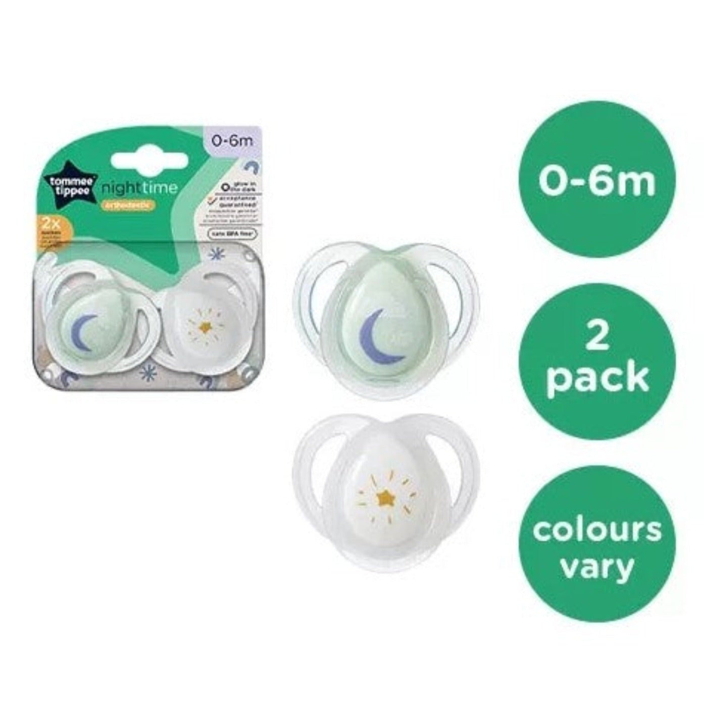 Tommee Tippee Soother Night Time for baby 0-6 Months - 2 Pack Assorted - Glow In The Dark