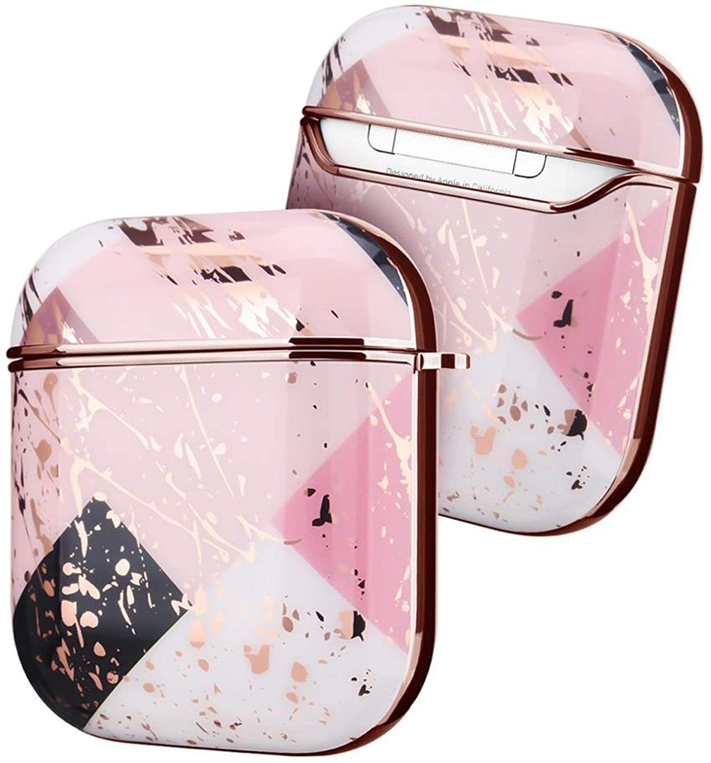 Airpod Case For Apple Airpods Gen 1 & 2 - Electroplated Marble Luxury Design Protective Cover With Clip Keychain - Supports Wireless Qi Charging For Airpods Generation 1 & 2 - Picasso Pink Marble