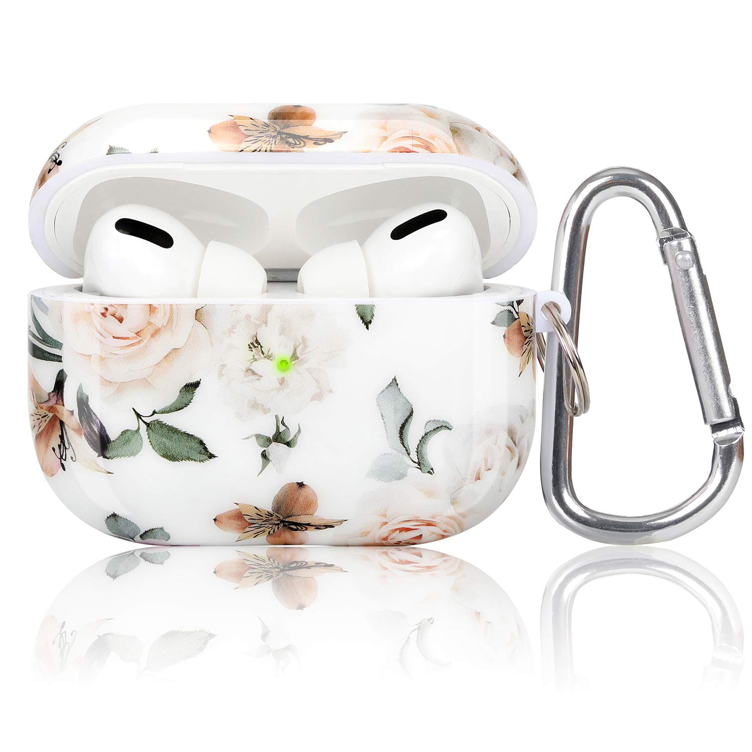 Apple Airpod Pro Case - Cute Flowers & Boho Floral Design Protective Shockproof Silicone Cover With Keychain Option - Supports Wireless Qi Charging for Airpods Pro Generation 1 - White Rose