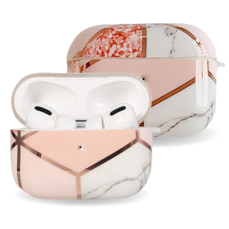 Apple Airpod Pro Case - Cute Geometric Art Marble Design Protective Shockproof Silicone Cover With Keychain Option - Supports Wireless Qi Charging for Airpods Pro Generation 1 - Pink Flash
