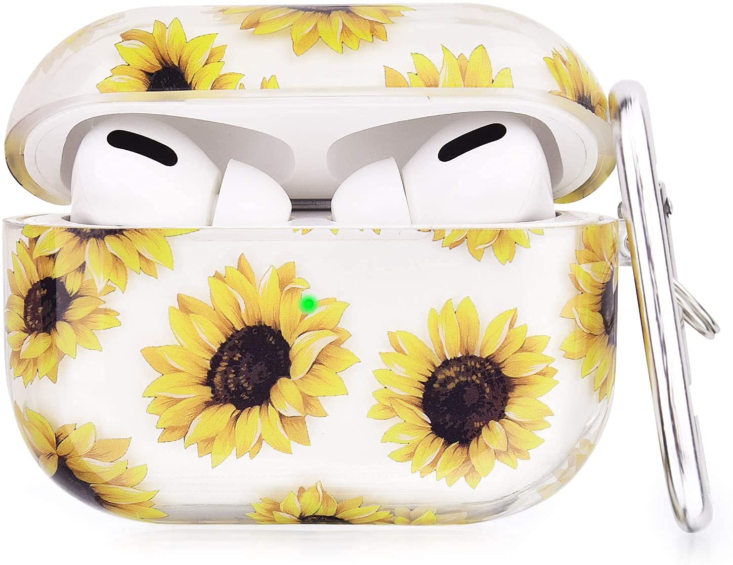 Apple Airpod Pro Case - Cute Flowers & Boho Floral Design Protective Shockproof Clear Silicone Cover With Clip Keychain - Supports Wireless Qi Charging for Airpods Pro Generation 1 - Sunflower Clear