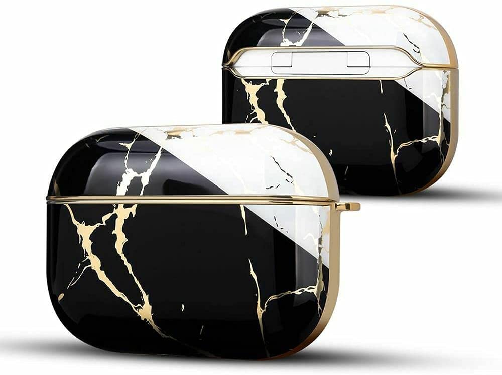 Apple Airpod Pro Case - Gold Electroplated Marble Design Premium IMD Protective Shockproof Cover With Clip Keychain - Supports Wireless Qi Charging for Airpods Pro Generation 1 - Black Monochrome