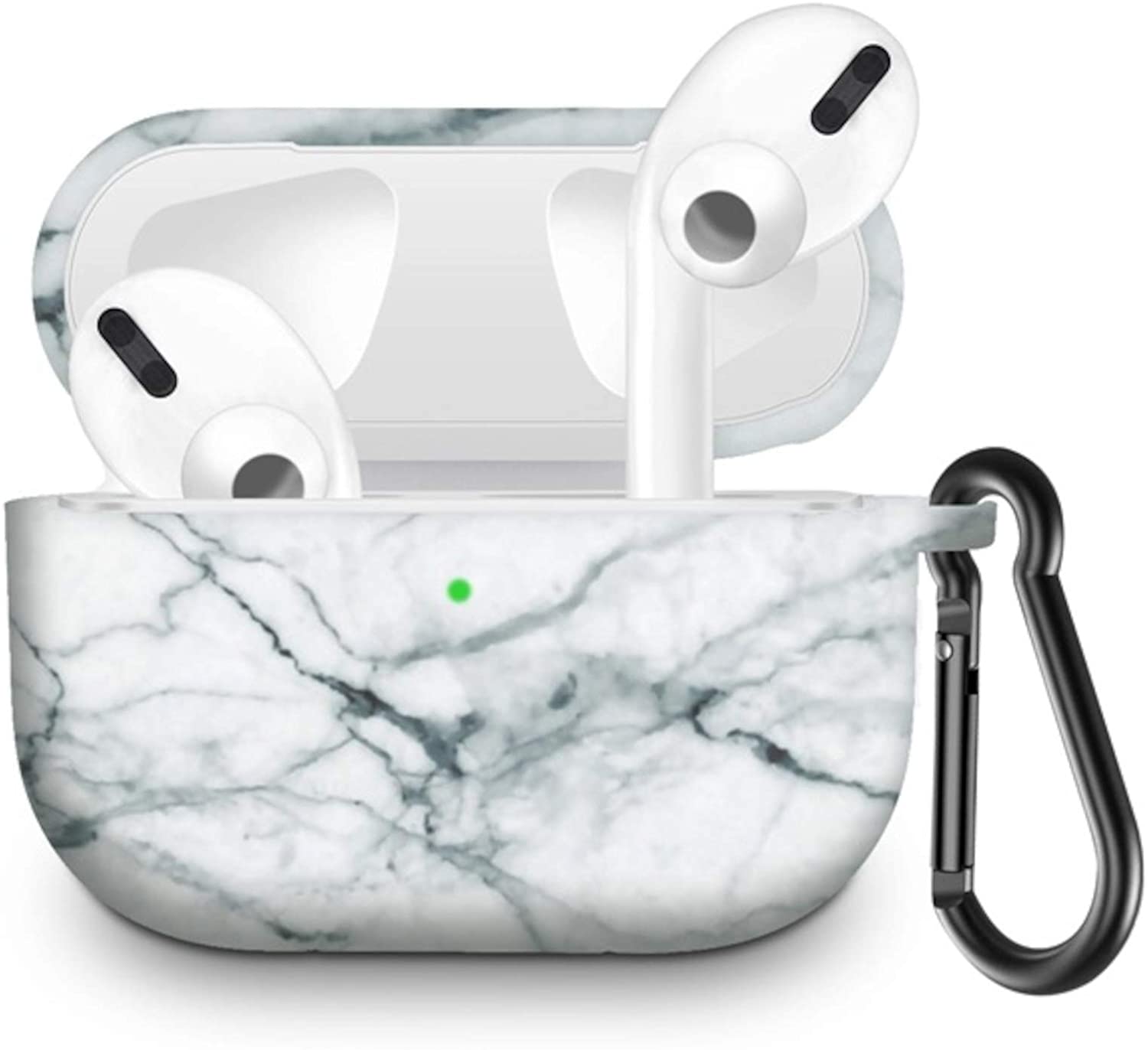 Apple Airpod Pro Case - Cute Marble Stone Design Protective Shockproof Silicone Cover With Clip Keychain Carabiner - Supports Wireless Qi Charging for Airpods Pro Generation 1 -White Marble