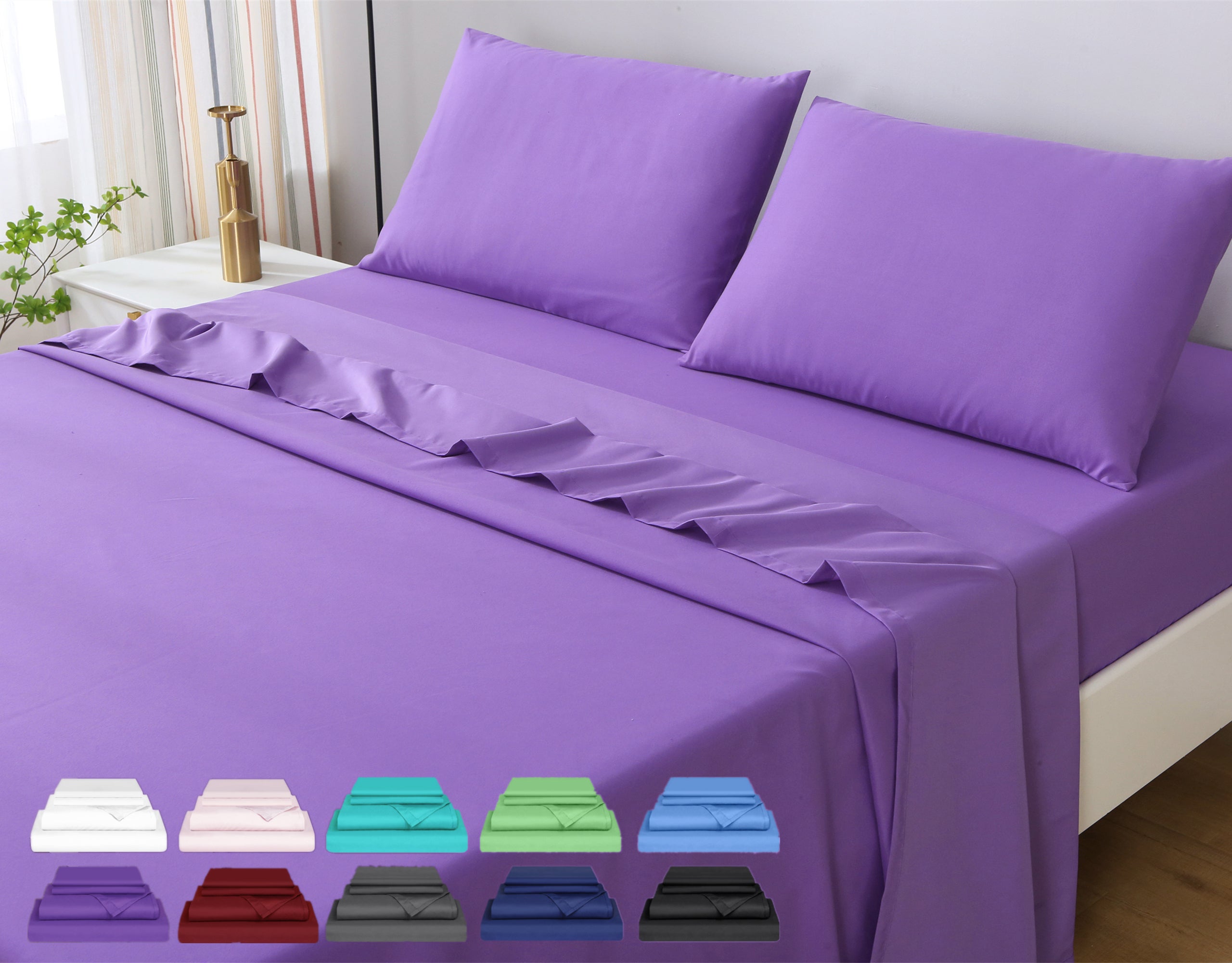 LINENOVA 4 Pieces 2000TC Bedding Sheet Sets Flat & Fitted & Pillowcases Sheets All Size - 10 Colors Choice