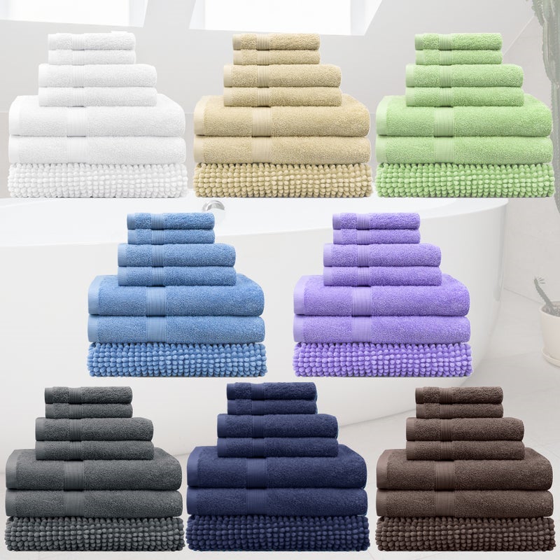 New 7 Pieces 100% Cotton Bath Towel with Chenille Mat Set 8 Colors