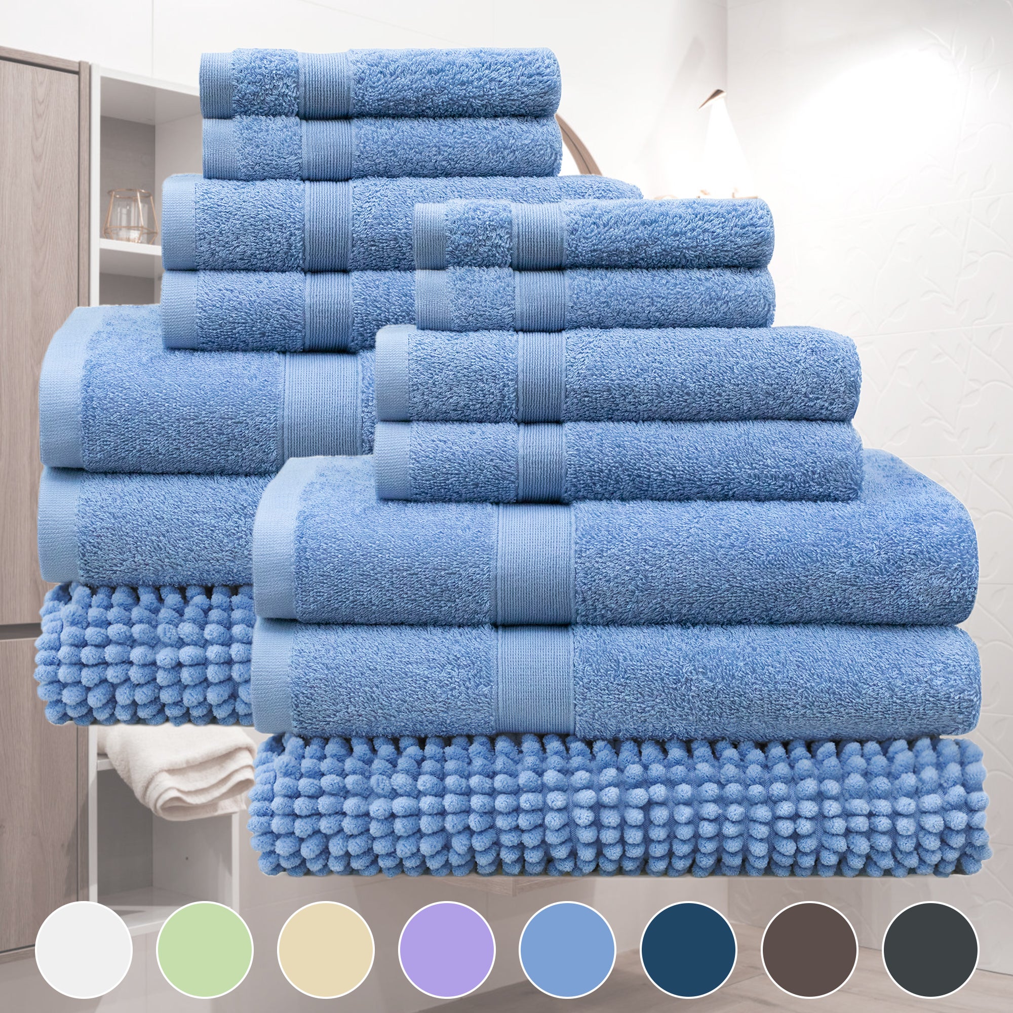 JustLinen Superior Quality Bath Towel Sets Chenille Bath Mat 550GSM 8 Colors