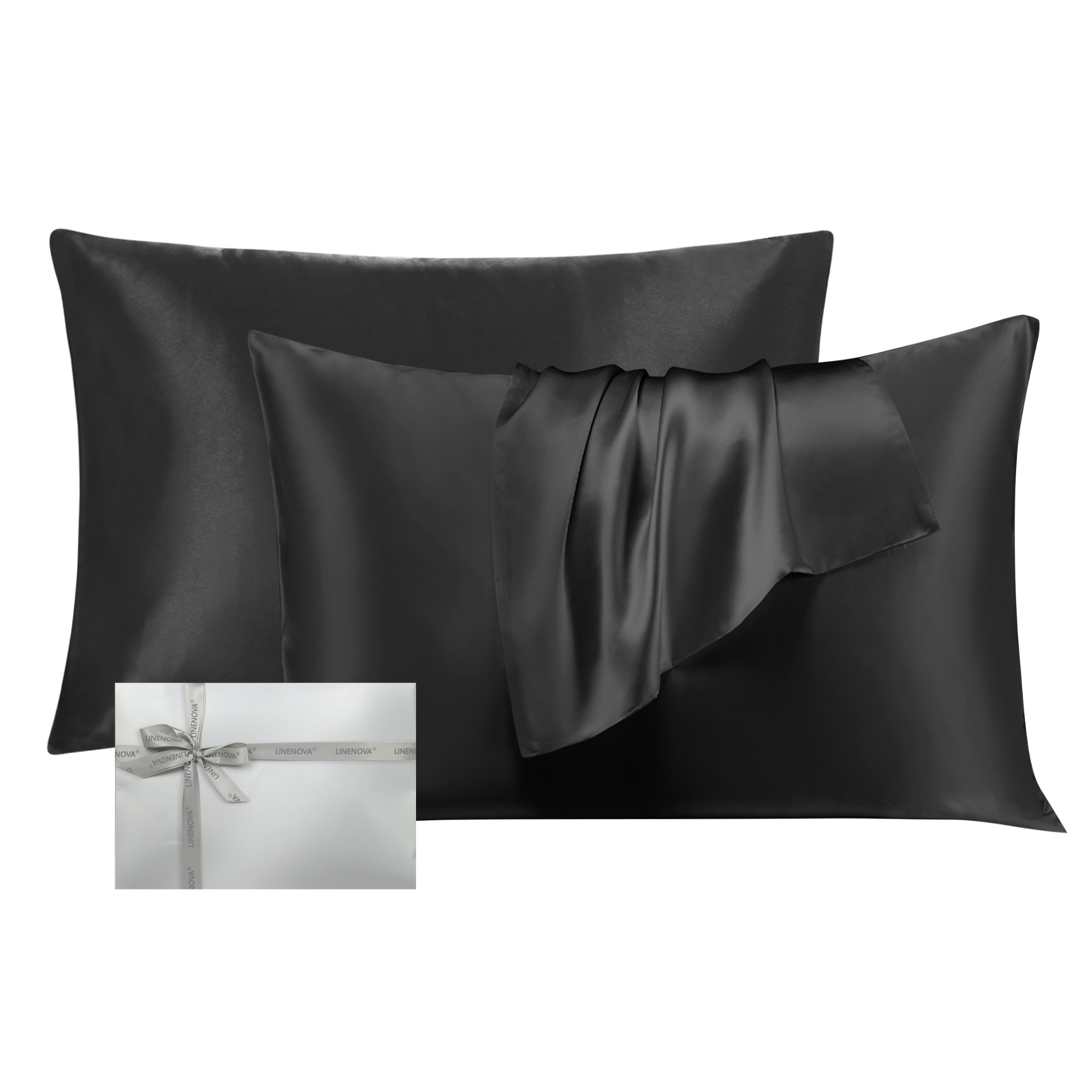 LINENOVA Set of 2 Double-sided 100% Mulberry Silk Pillowcases Luxury 22 Momme - Black