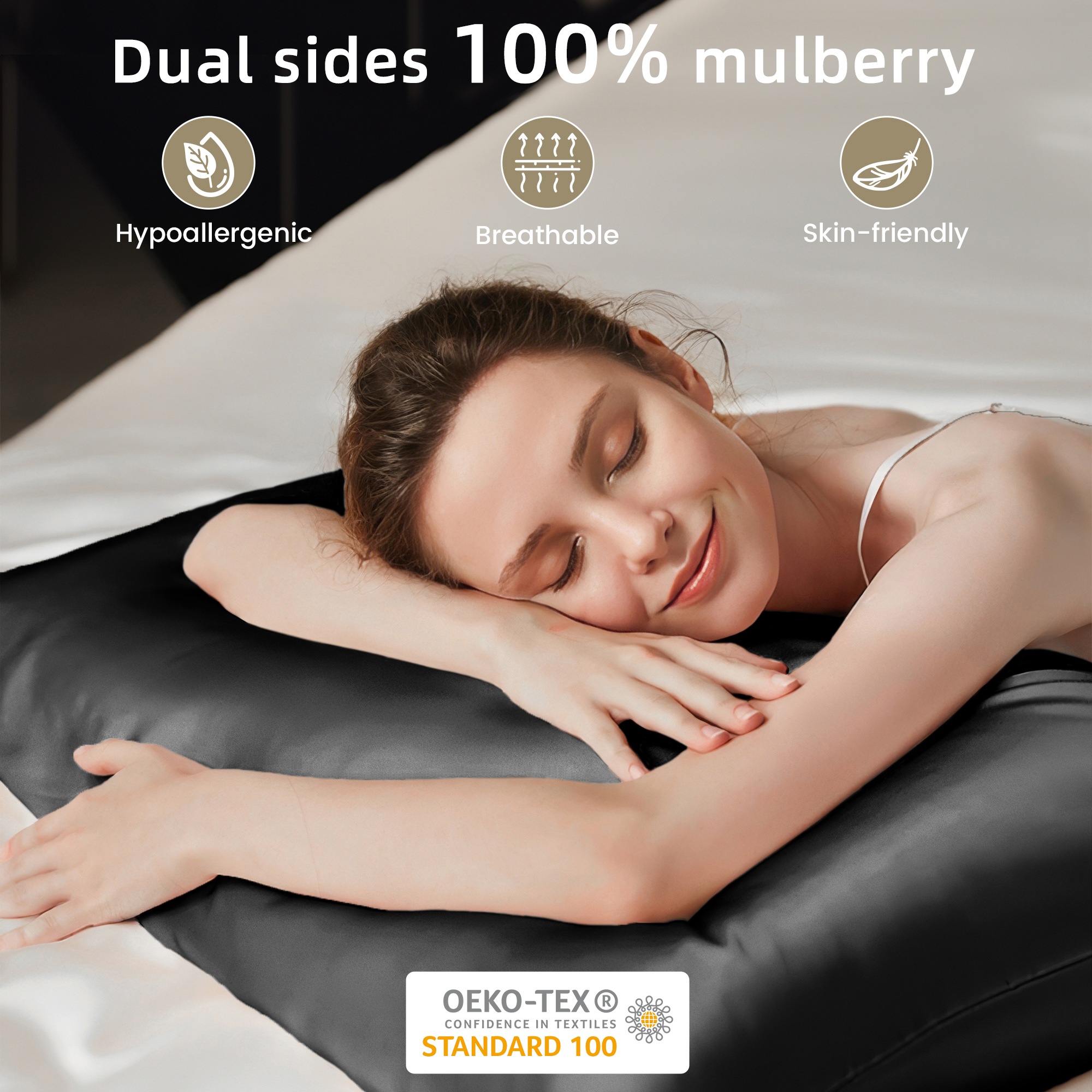 LINENOVA Set of 2 Double-sided 100% Mulberry Silk Pillowcases Luxury 22 Momme - Black