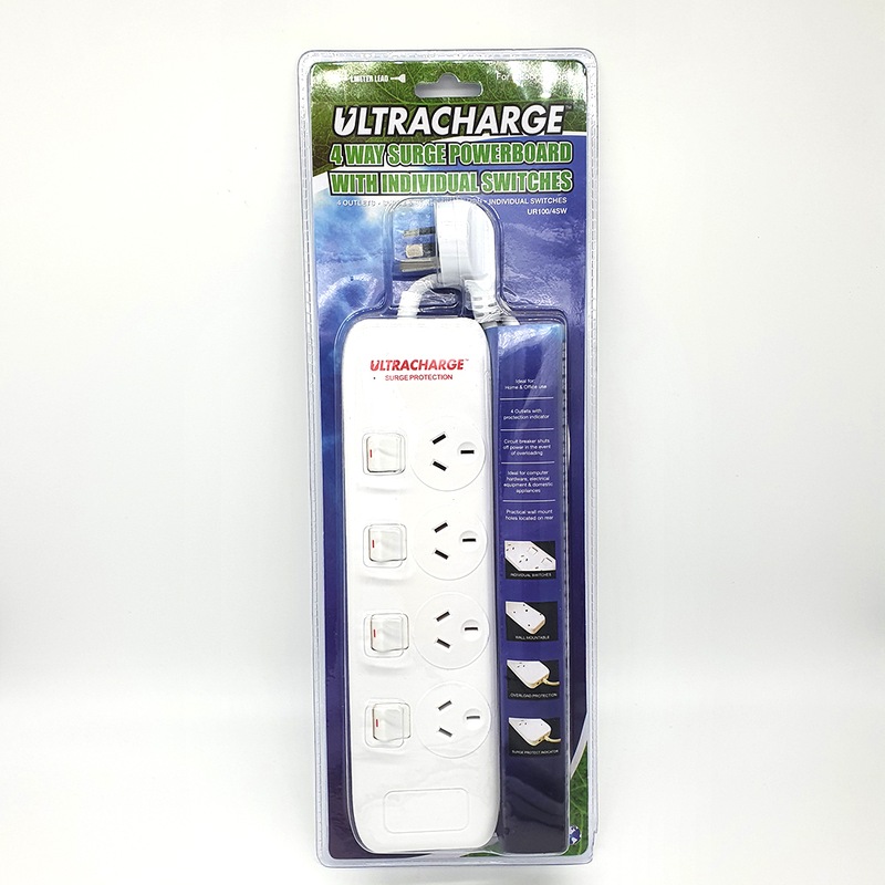 Buy Power Board 4 Outlet Switched White Surge Protected Powerboard