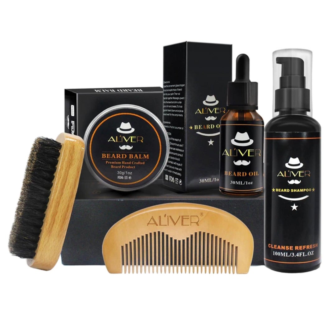 Aliver 5Pcs/Set Beard Care Grooming Trimming Kit For Men Bristle Mustache Growth Care Comb Brush Oil Serum Balm Shampoo Facial
