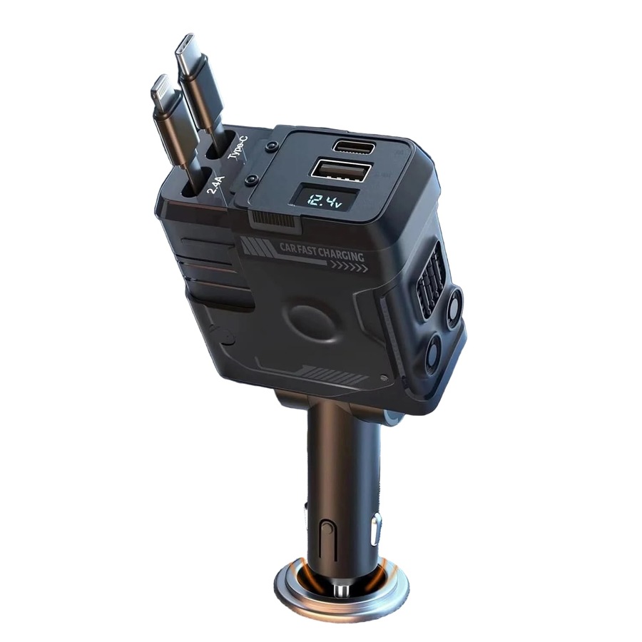 120W 4-in-1 Retractable Car Charger - Fast USB-C & iPhone Charging Adapter with Voltage Display