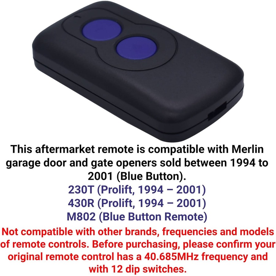 [2 Pack] Merlin M802 Blue Compatible Garage Door Remote Control Prolift 230T/430R