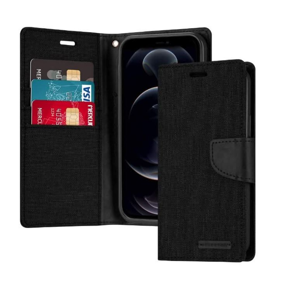 For iPhone X Wallet Flip Denim Case Cover - Black