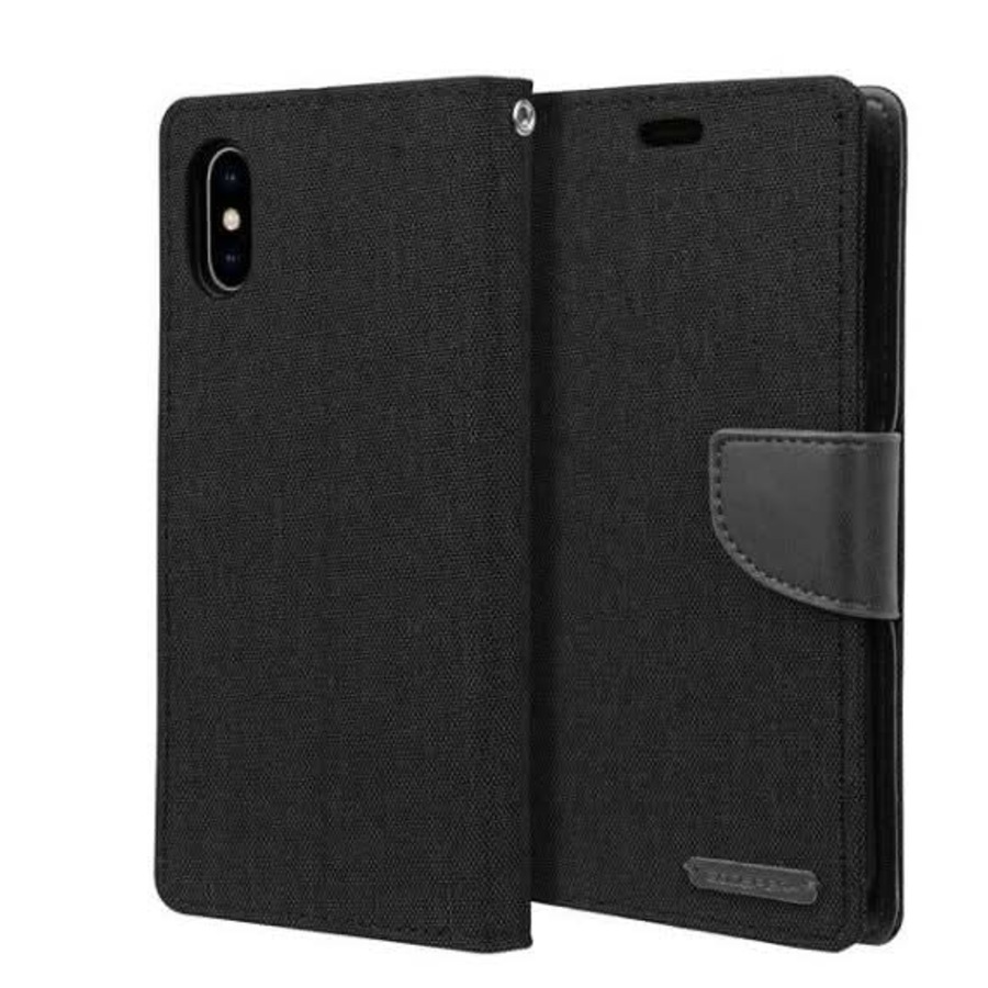 For iPhone X Wallet Flip Denim Case Cover - Black