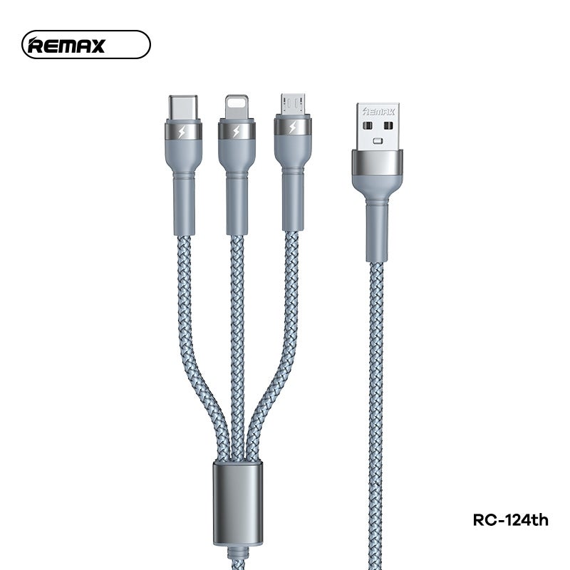3 in 1 Multi USB Charger Charging Cable Remax Type-C iPhone Micro-USB Silver