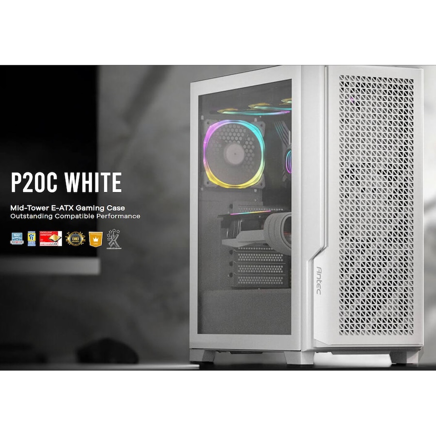 Antec P20C White, ATX, E-ATX, ATX, USB-C, Cable management , 4x HDD or SSD , 375mm GPU, 170mm CPU 3x PWM white 12 CM Fan, Tempered Glass, Gaming Case