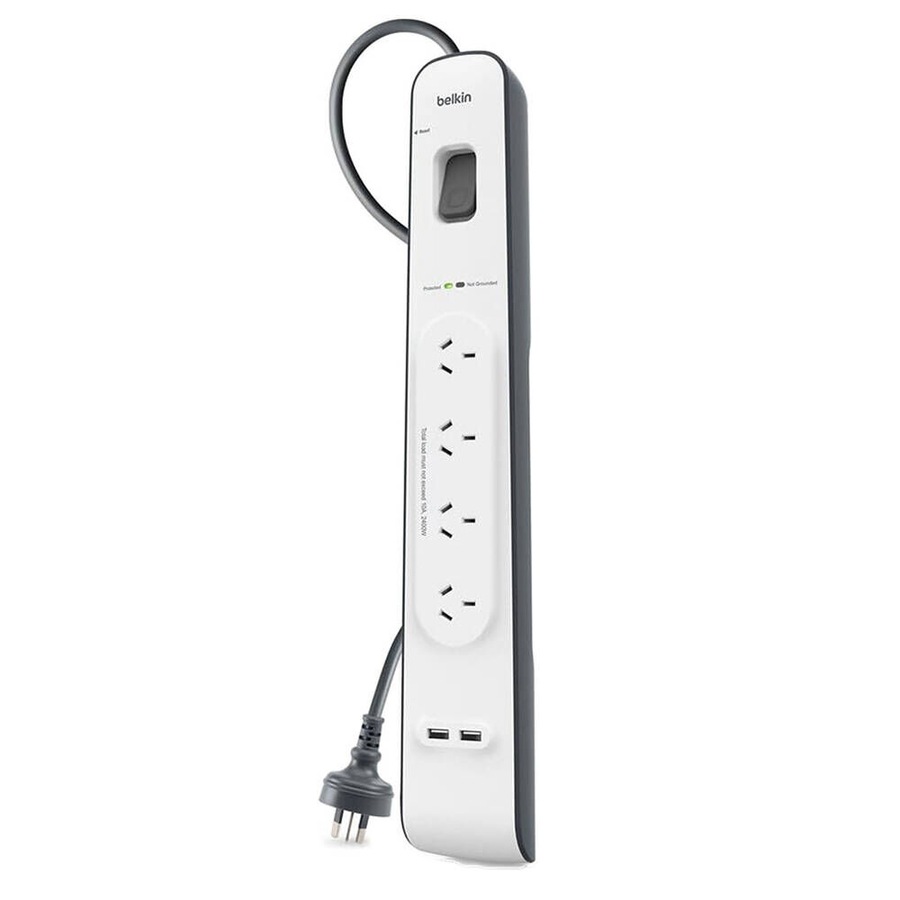 Belkin 4-Outlet Surge Protection Strip with 2,4 Amp USB Charging, White/Grey - BSV401au2M