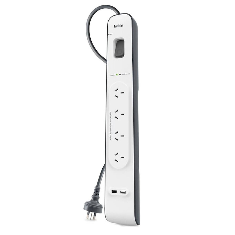 Belkin 4-Outlet Surge Protection Strip with 2,4 Amp USB Charging, White/Grey - BSV401au2M