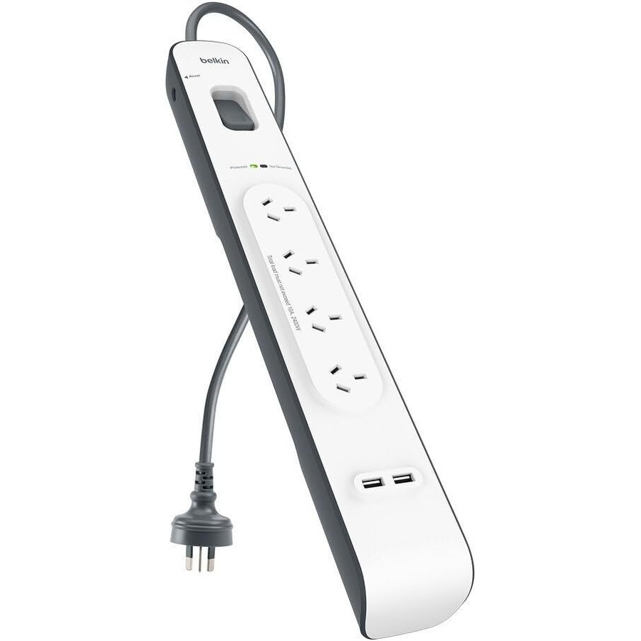Belkin 4-Outlet Surge Protection Strip with 2,4 Amp USB Charging, White/Grey - BSV401au2M