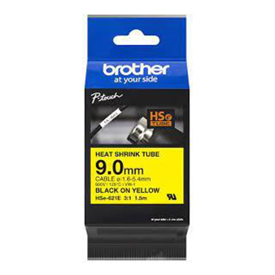 Brother HSE-621E - 9.0MM BLACK ON YELLOW HEAT SHRINK TUBE CATRIDGE 3:1 (compatible with PT-E300VP/E550WVP/D800W/P750W/P900W/P950NW)