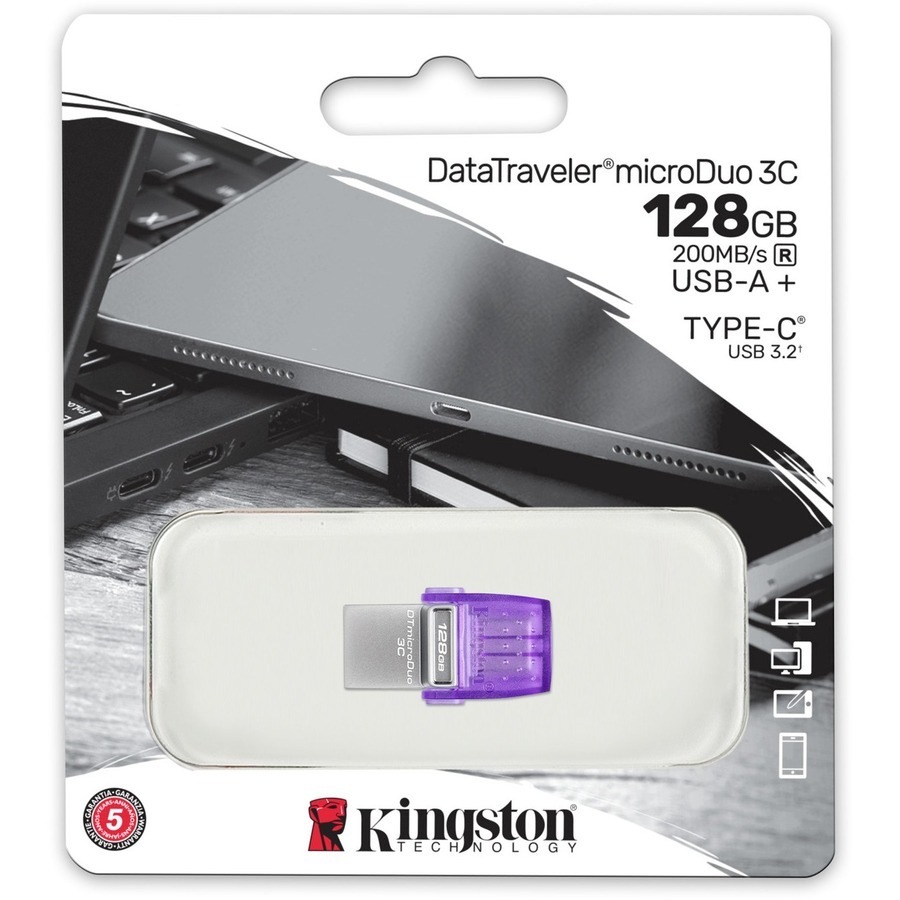 Kingston DataTraveler microDuo 3C DTDUO3CG3 128 GB USB 3.2 (Gen 1) Type C Flash Drive - Purple - 200 MB/s Read Speed