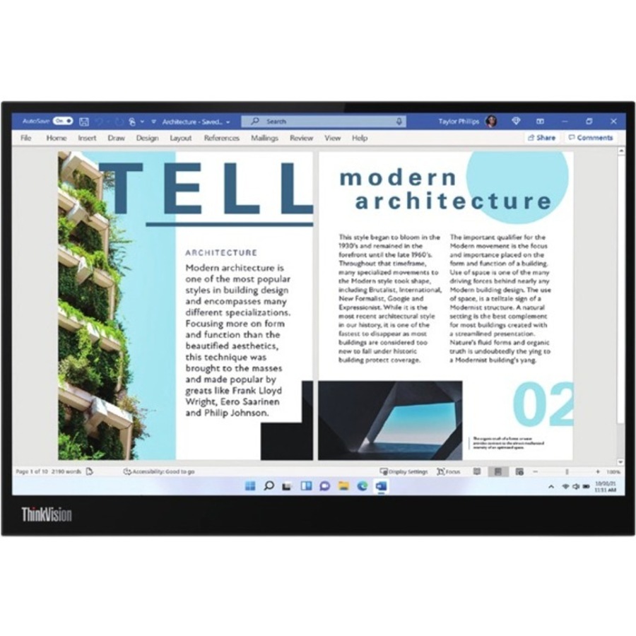 Lenovo ThinkVision M14d 14" Class LED Monitor - 16:10 - Raven Black - 14" Viewable - In-plane Switching (IPS) Technology - WLED Backlight - 2240 x -