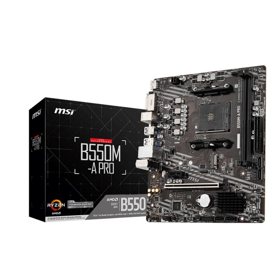MSI B550M-A PRO Motherboard AMD Ryzen AM4 DDR4 2x DIMM Slots (Max 64GB) 1x PCI-e 4.0 HDMI DVI 1x M.2 4x SATA3 6x USB 3.2 Gen 1 6x USB 2.0