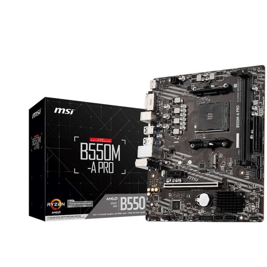 MSI B550M-A PRO Motherboard AMD Ryzen AM4 DDR4 2x DIMM Slots (Max 64GB) 1x PCI-e 4.0 HDMI DVI 1x M.2 4x SATA3 6x USB 3.2 Gen 1 6x USB 2.0