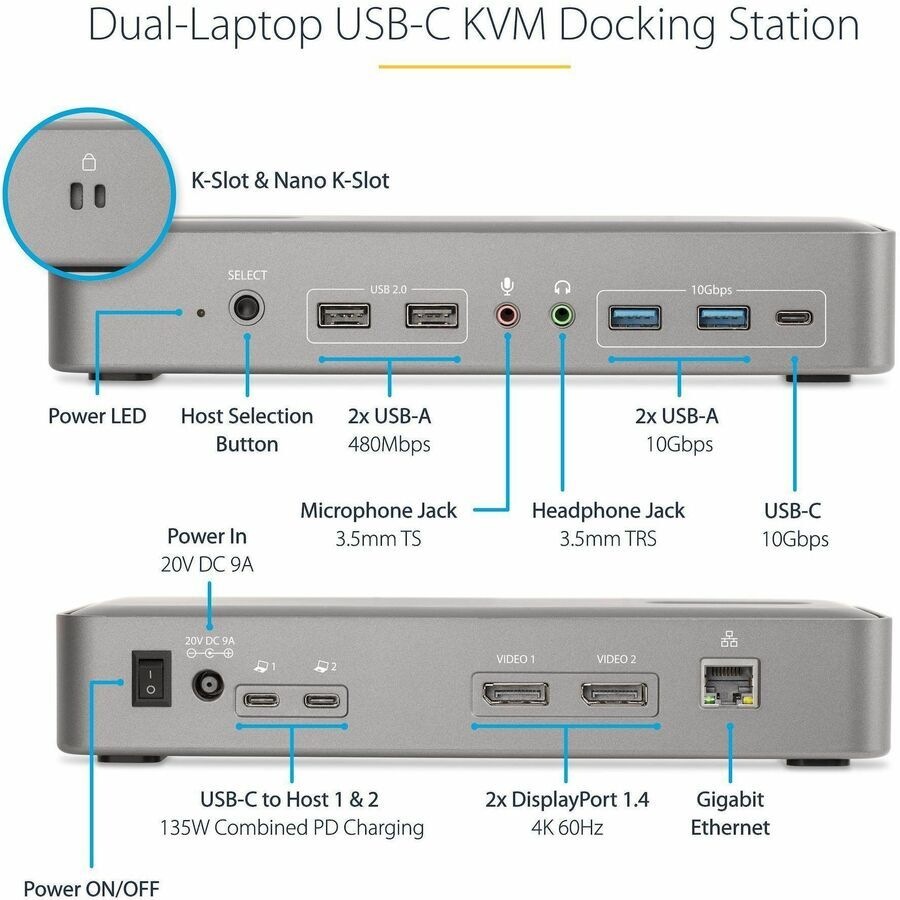 StarTech.com Dual-Laptop USB-C KVM Docking Station, Dual Monitor 4K 60Hz DisplayPort KVM Dock, 5x USB Hub, GbE, 90W/45W PD, Wind
