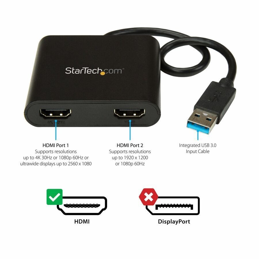 StarTech.com USB 3.0 to Dual HDMI Adapter, 1x 4K & 1x 1080p, External Graphics Card, USB Type-A Dual Monitor Display Adapter, Windows Only - 9-pin A