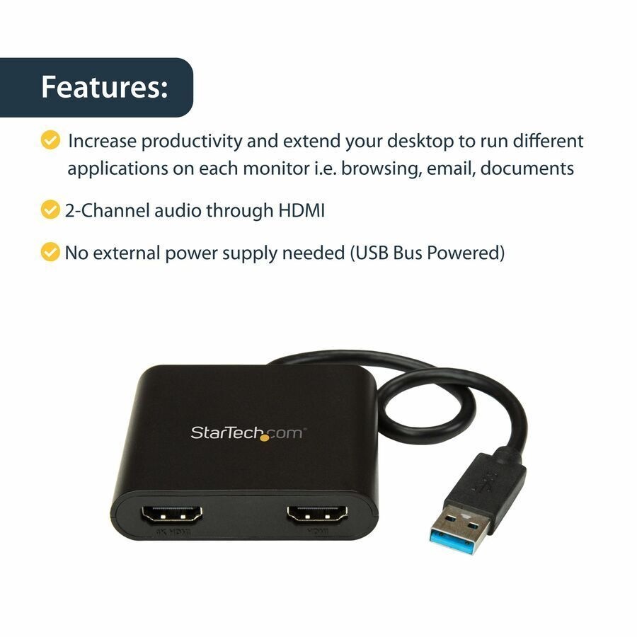 StarTech.com USB 3.0 to Dual HDMI Adapter, 1x 4K & 1x 1080p, External Graphics Card, USB Type-A Dual Monitor Display Adapter, Windows Only - 9-pin A