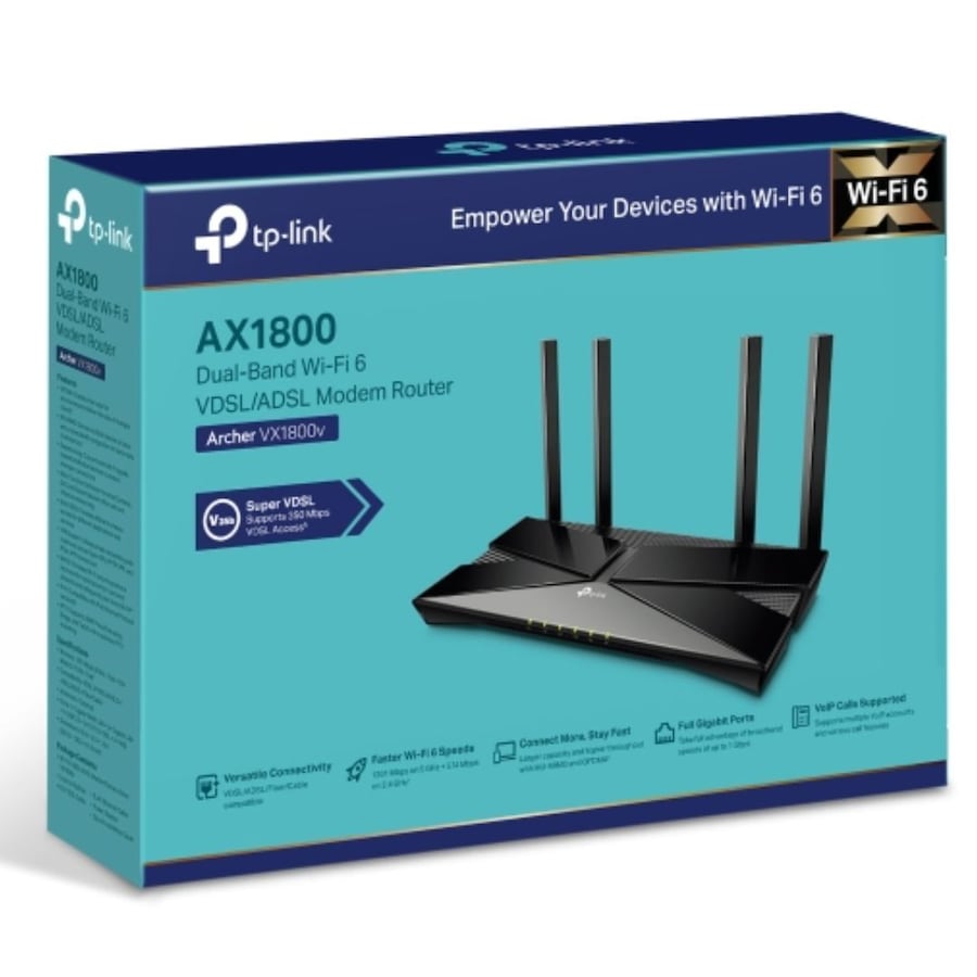 TP-Link Archer VX1800v AX1800 Dual-Band Wi-Fi 6 VDSL/ADSL Modem Router, 574 Mbps at 2.4 GHz + 1201 Mbps at 5 GHz