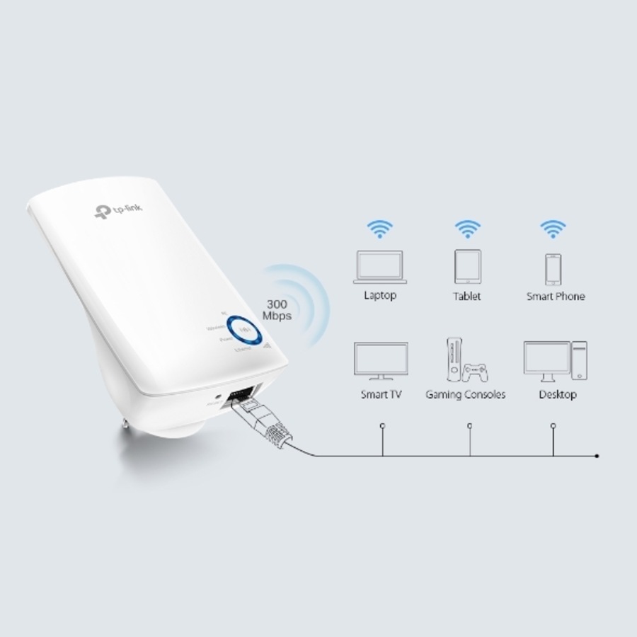TP-Link TL-WA850RE N300 WiFi Range Extender 2.4GHz (300Mbps) 1x100Mbps LAN 802.11bgn 2x OnBoard antennas Mini size wall-mounted (~TL-WA855RE)