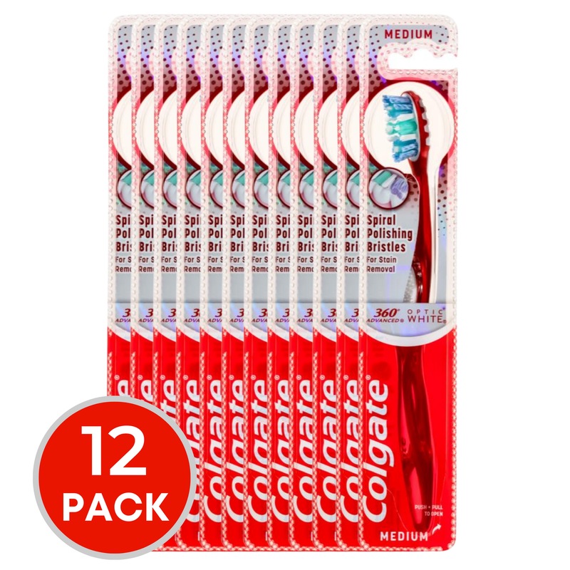 Buy 12 x Colgate Toothbrush 360 Advanced Optic White Spiral Polishing Bristles Medium Assorted